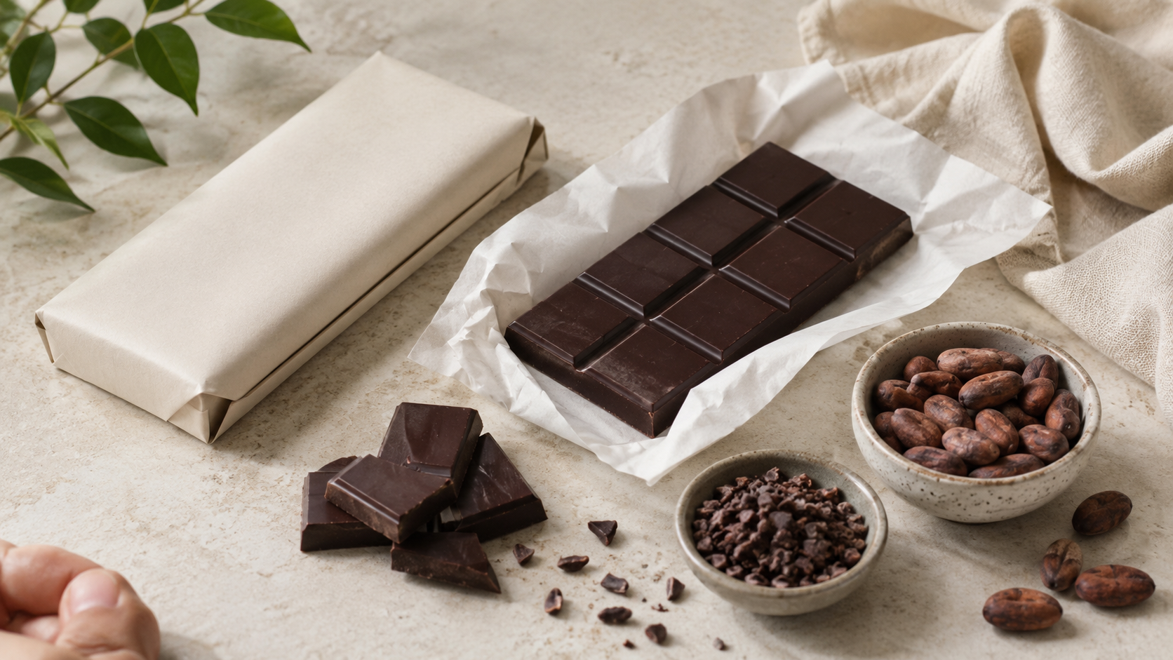 Ciocolata fara zahar, tableta de ciocolata neagra alaturi de boabe de cacao si cacao nibs, fotografiate natural pe fundal deschis.